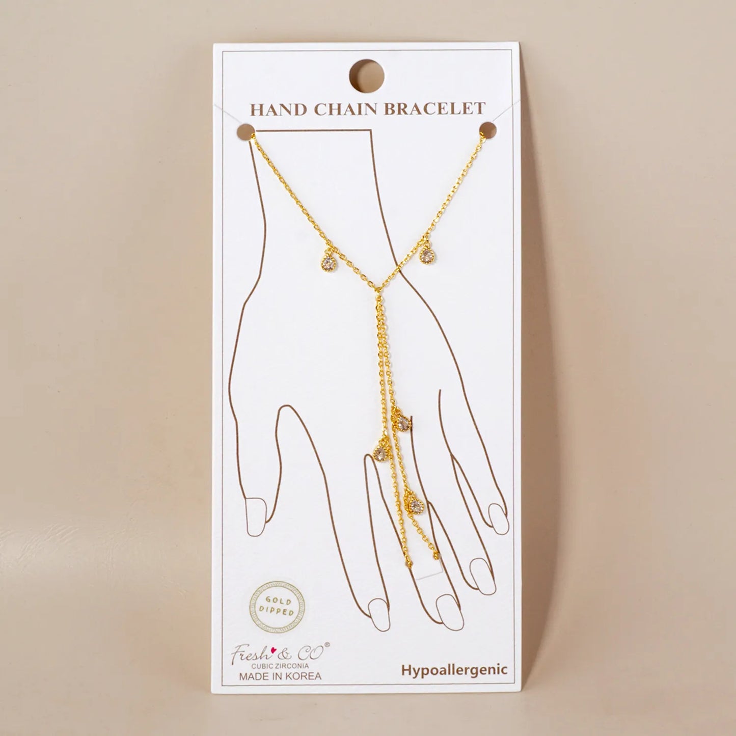 5mm Teardrop CZ Charms 18K-Gold-Dipped Delicate Brass Hand-Chain Bracelet