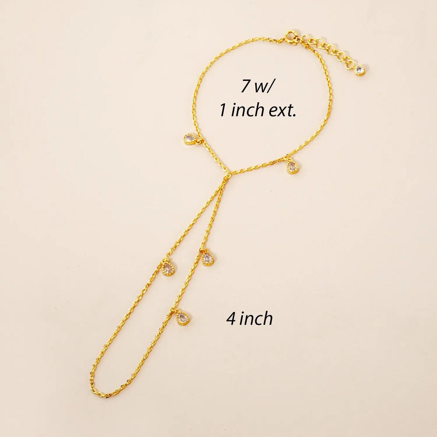 5mm Teardrop CZ Charms 18K-Gold-Dipped Delicate Brass Hand-Chain Bracelet