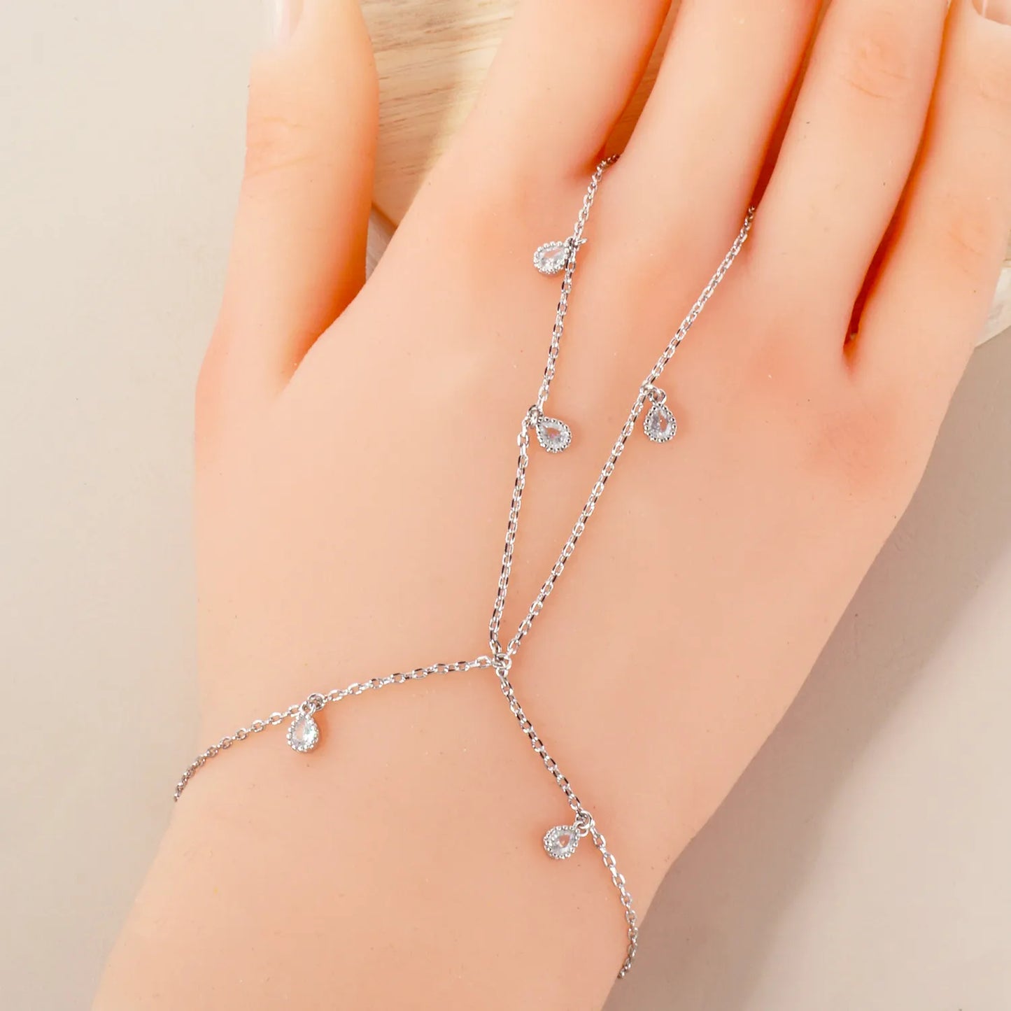 5mm Teardrop CZ Charms 18K-Gold-Dipped Delicate Brass Hand-Chain Bracelet