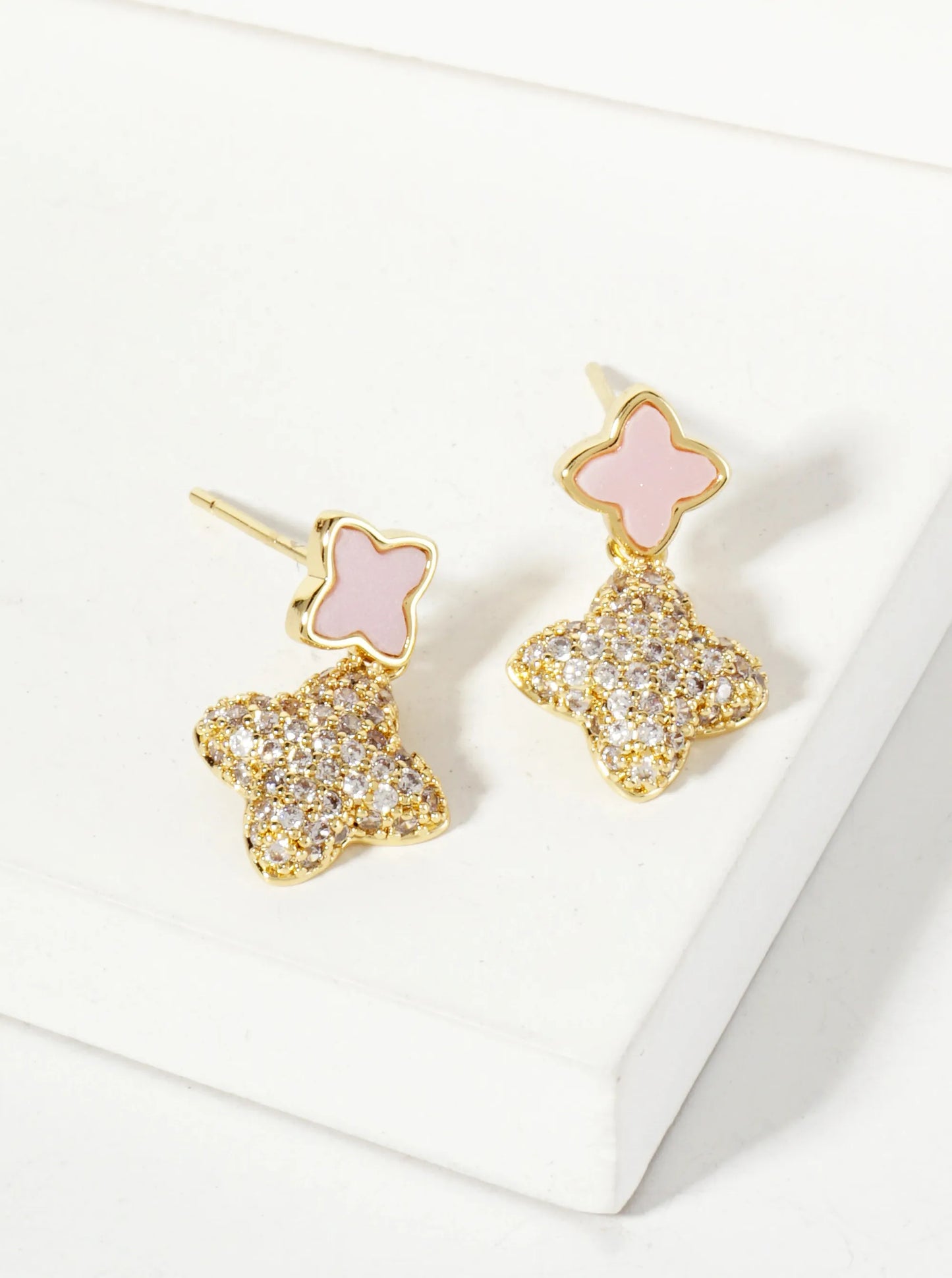 6-10mm Pave-Set CZ Dainty Double Quatrefoil Drop 18K-Gold-Dipped Dangle Earrings
