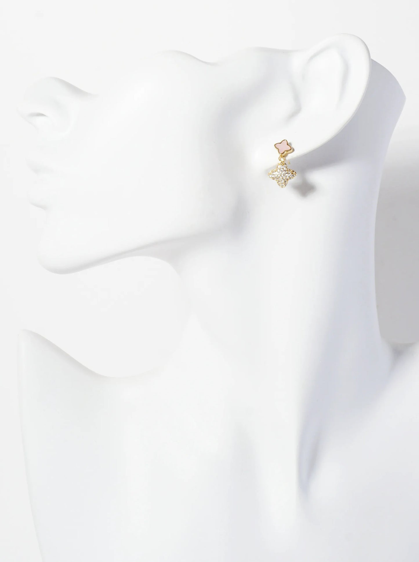 6-10mm Pave-Set CZ Dainty Double Quatrefoil Drop 18K-Gold-Dipped Dangle Earrings