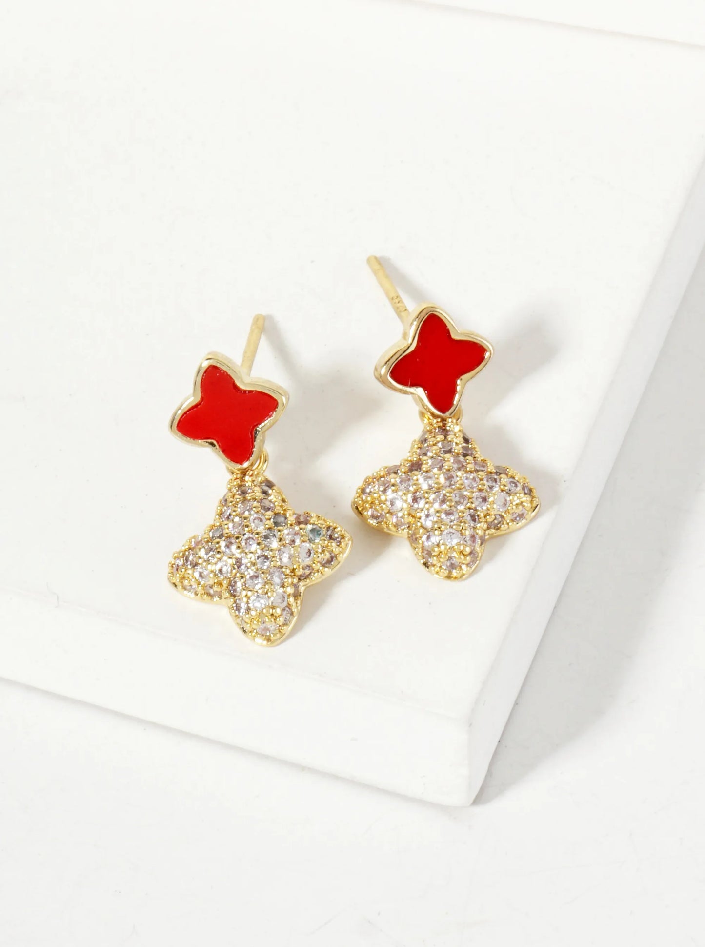 6-10mm Pave-Set CZ Dainty Double Quatrefoil Drop 18K-Gold-Dipped Dangle Earrings