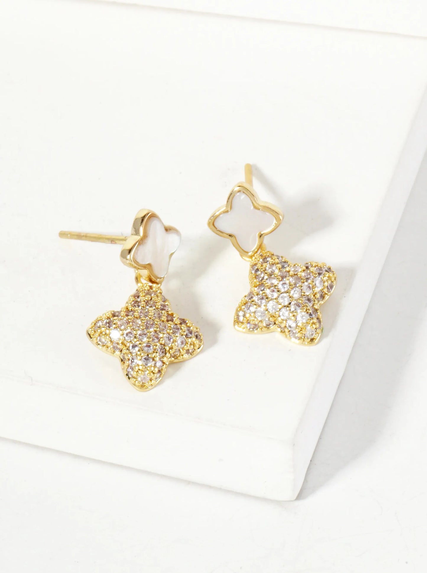 6-10mm Pave-Set CZ Dainty Double Quatrefoil Drop 18K-Gold-Dipped Dangle Earrings