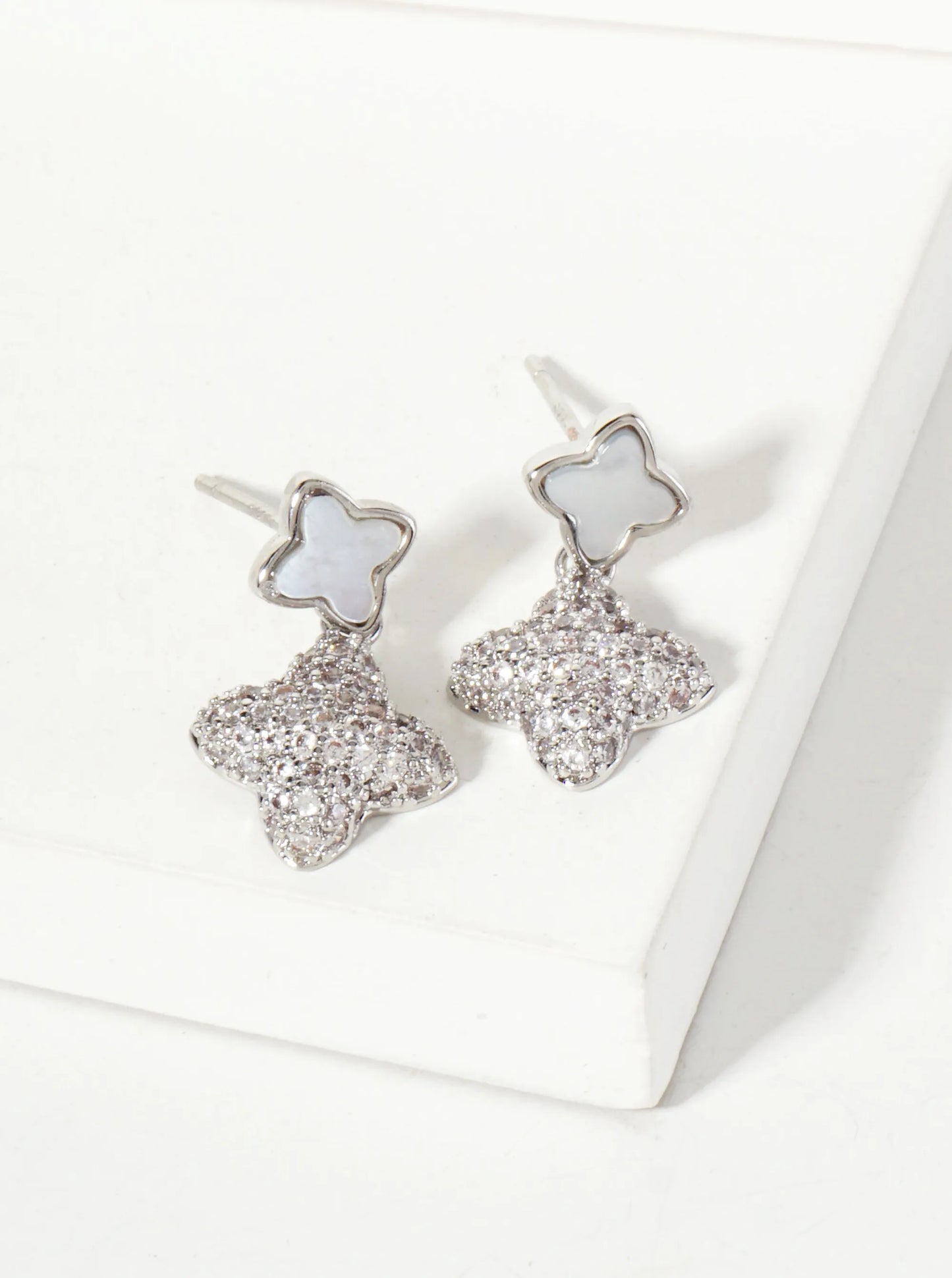 6-10mm Pave-Set CZ Dainty Double Quatrefoil Drop 18K-Gold-Dipped Dangle Earrings
