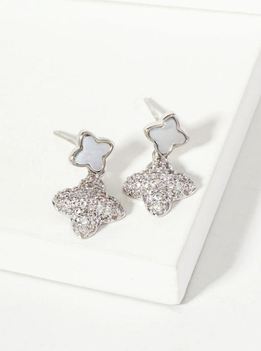 6-10mm Pave-Set CZ Dainty Double Quatrefoil Drop 18K-Gold-Dipped Dangle Earrings