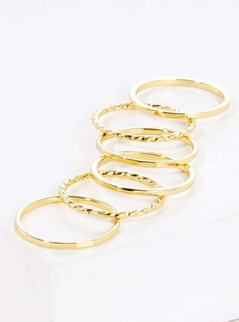6-PC Set Size 7 Delicate Textured 18K Gold Dipped Brass Rings