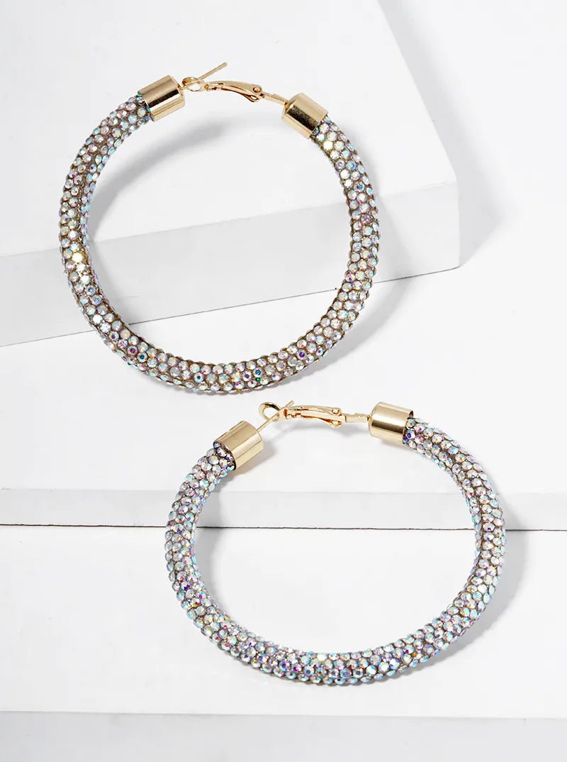 60mm Round Hoop Rhinestone Tube Omega-Back Hoop Earrings