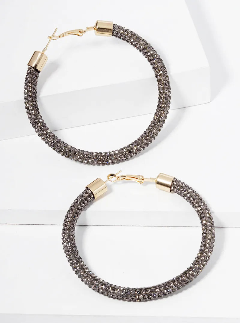 60mm Round Hoop Rhinestone Tube Omega-Back Hoop Earrings