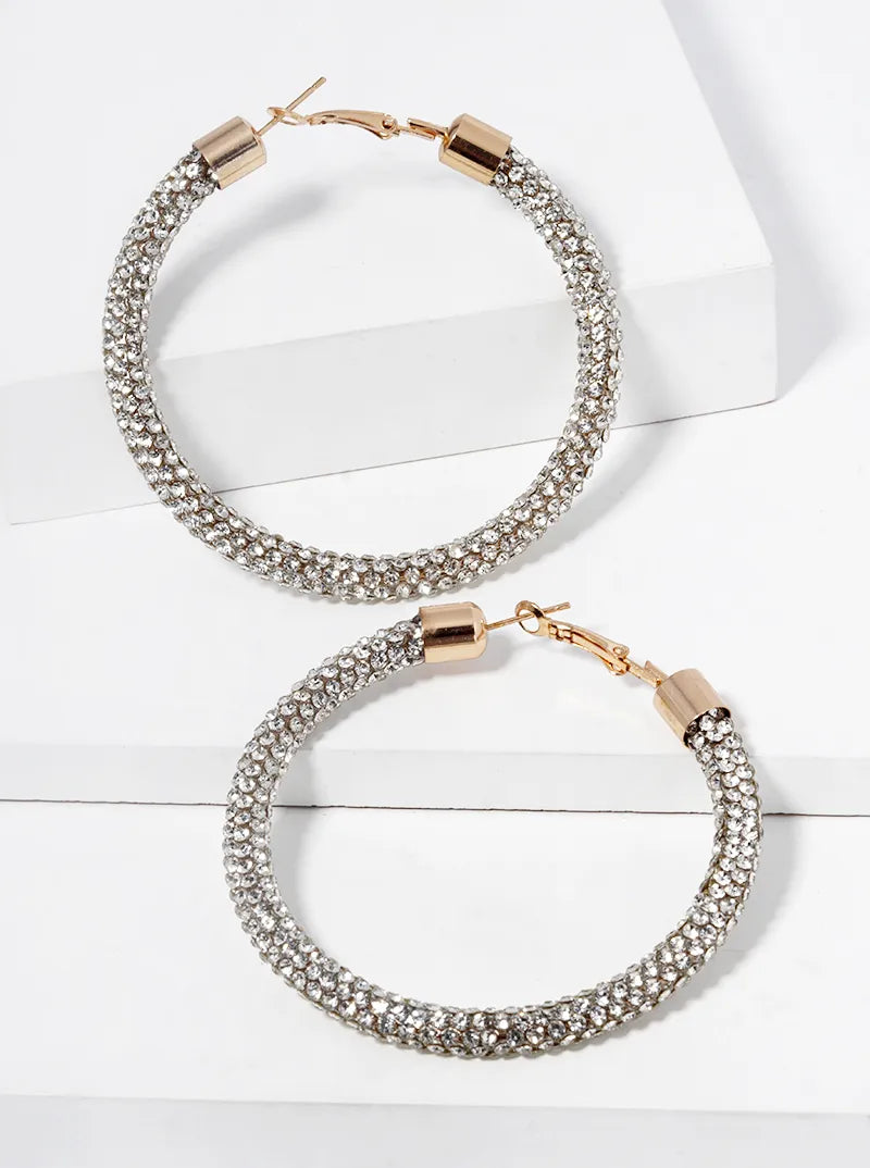 60mm Round Hoop Rhinestone Tube Omega-Back Hoop Earrings