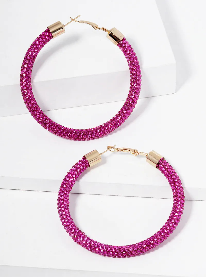 60mm Round Hoop Rhinestone Tube Omega-Back Hoop Earrings