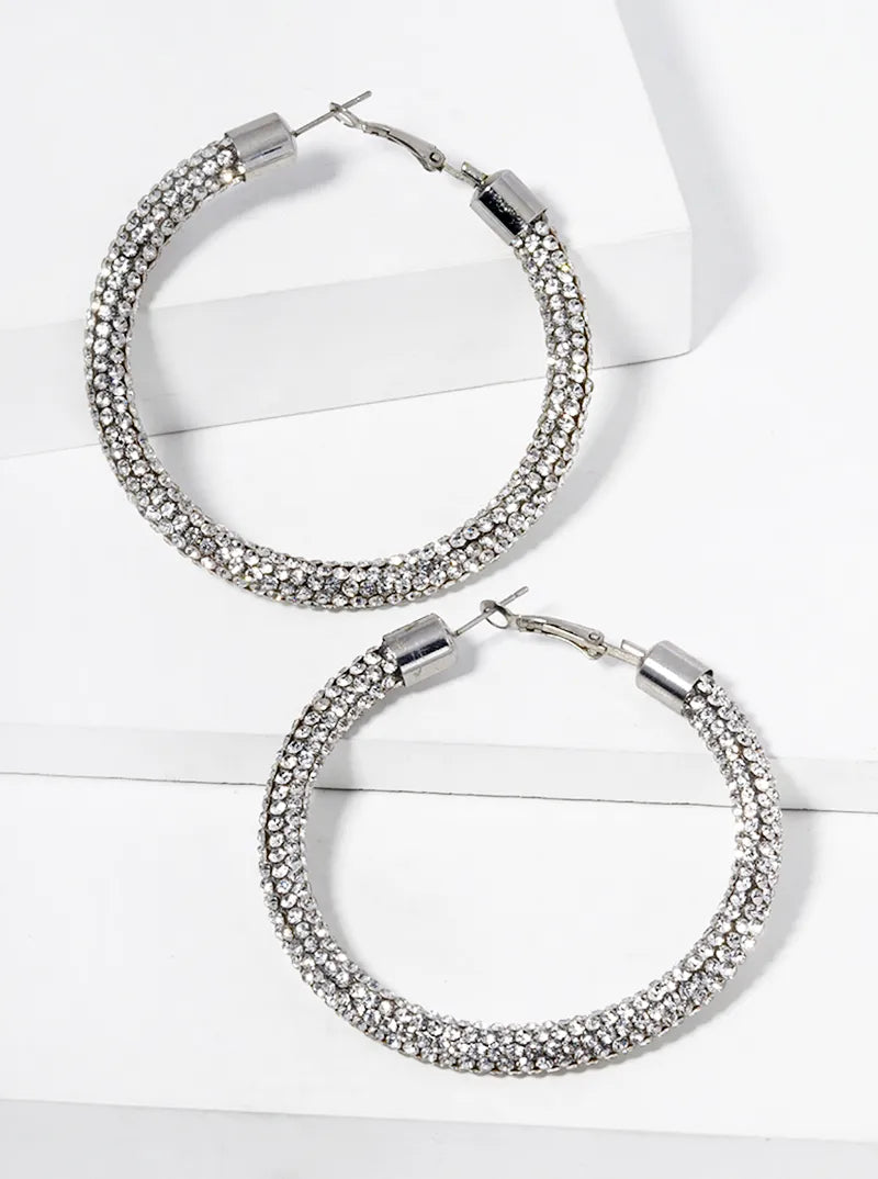 60mm Round Hoop Rhinestone Tube Omega-Back Hoop Earrings