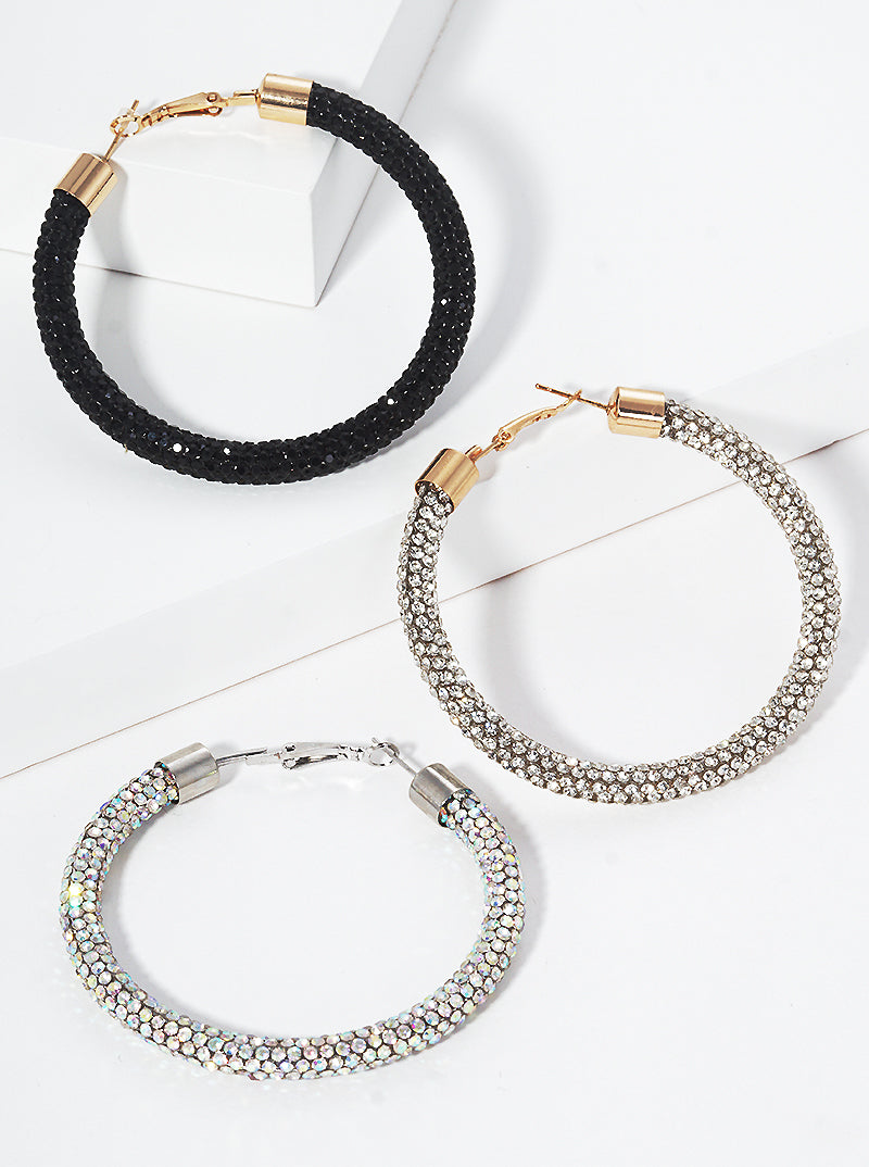 60mm Round Hoop Rhinestone Tube Omega-Back Hoop Earrings