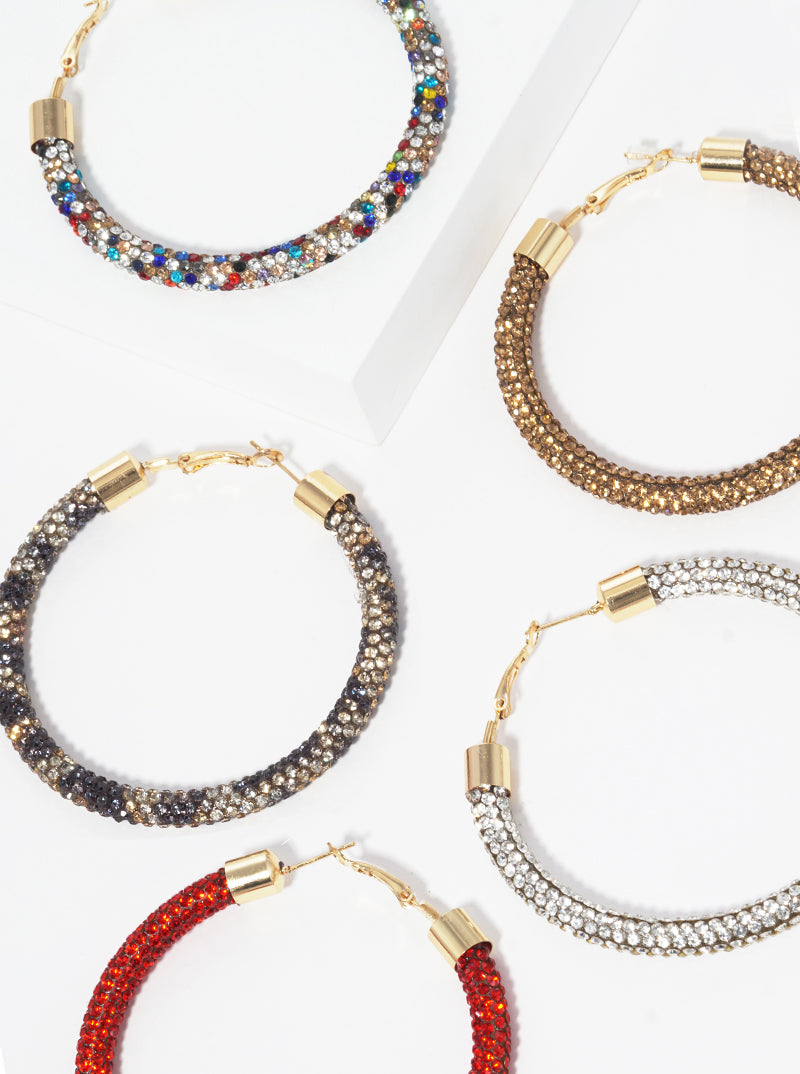 60mm Round Hoop Rhinestone Tube Omega-Back Hoop Earrings