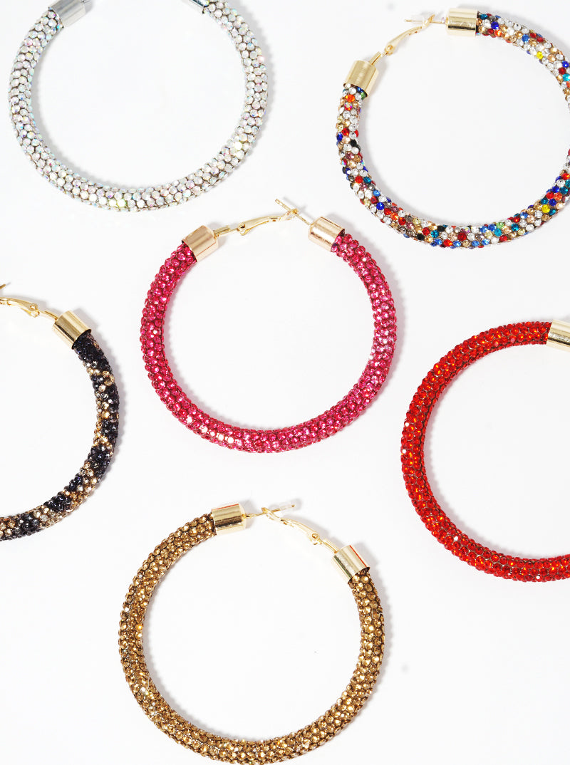 60mm Round Hoop Rhinestone Tube Omega-Back Hoop Earrings