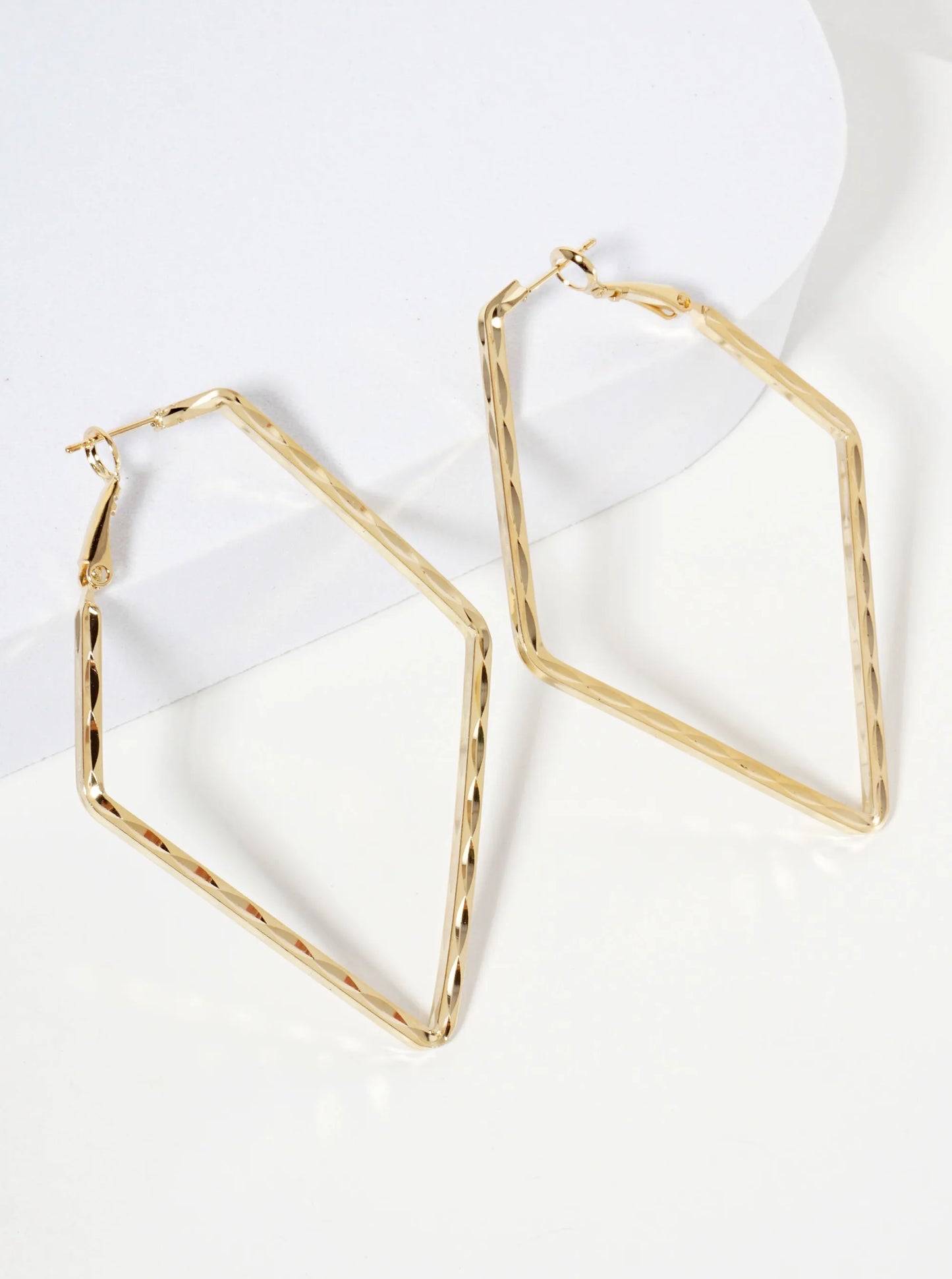 65mm 14K-Gold-Dipped Textured Elongated Pentagon Geometric Latch-Back Hoop Earrings