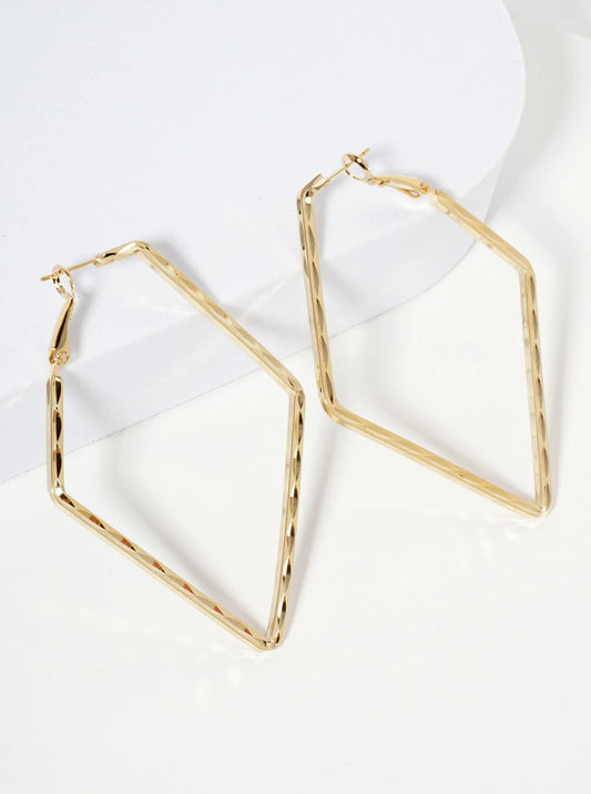 65mm 14K-Gold-Dipped Textured Elongated Pentagon Geometric Latch-Back Hoop Earrings