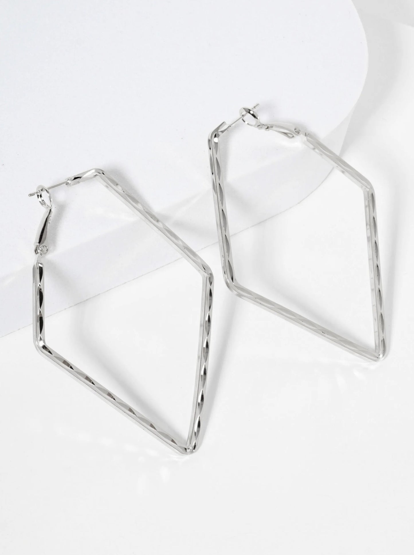 65mm Textured Elongated Pentagon-shaped Geometric Latch-back Hoop Earrings