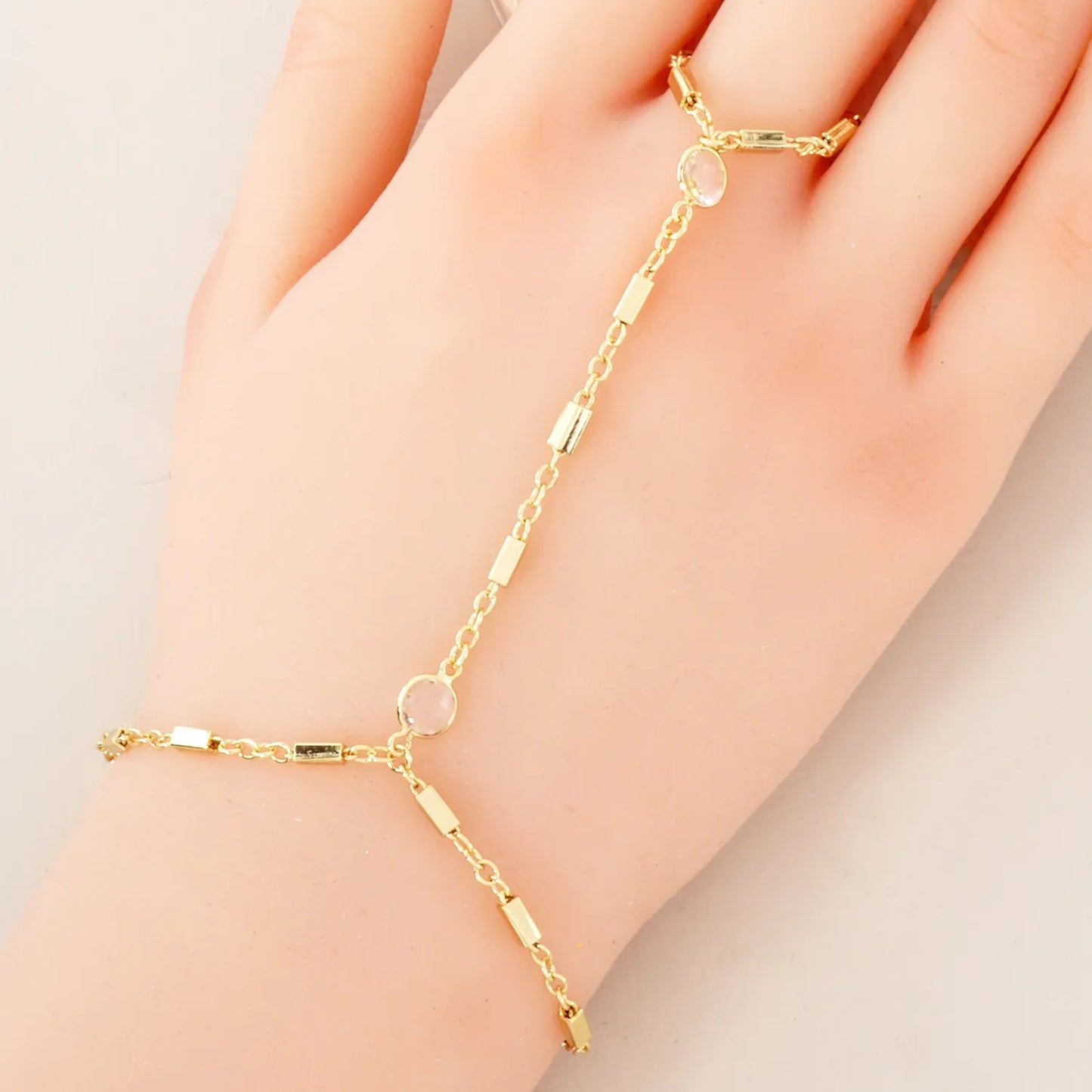 6mm CZ Accent 18K-Gold-Dipped Delicate Box Chain Brass Hand-Chain Bracelet
