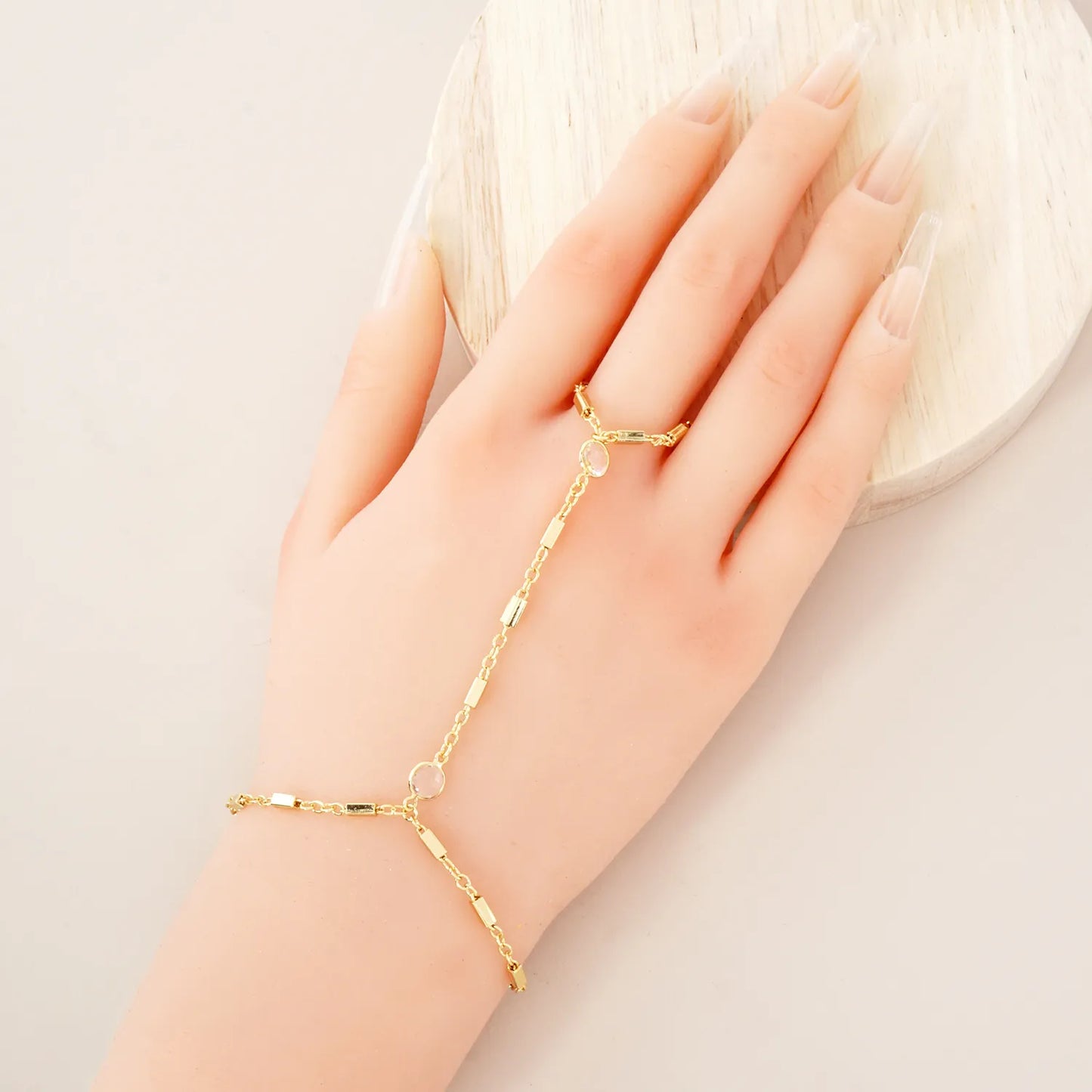 6mm CZ Accent 18K-Gold-Dipped Delicate Box Chain Brass Hand-Chain Bracelet