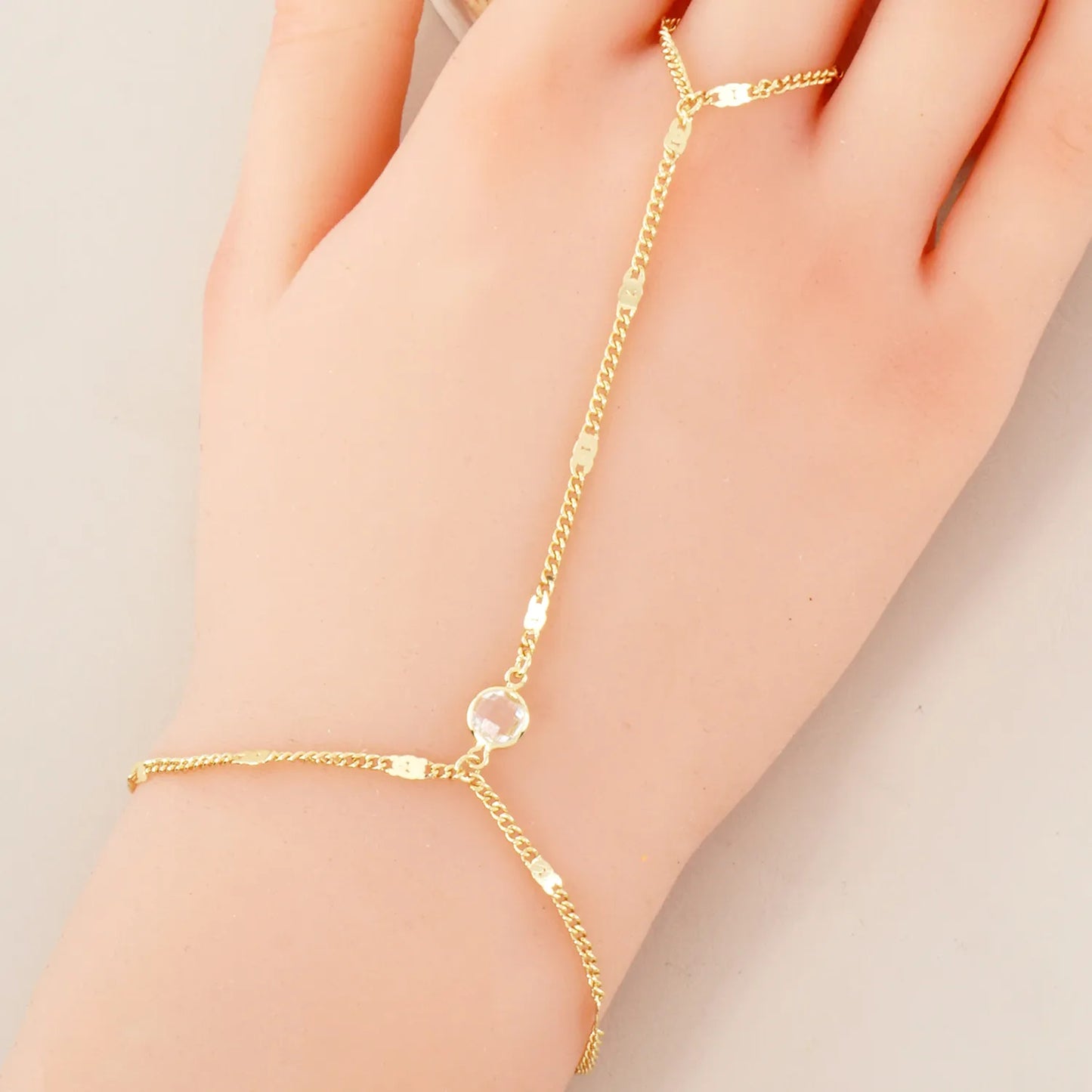 6mm CZ Accent 18K-Gold-Dipped Delicate Flat Curb Chain Brass Hand-Chain Bracelet