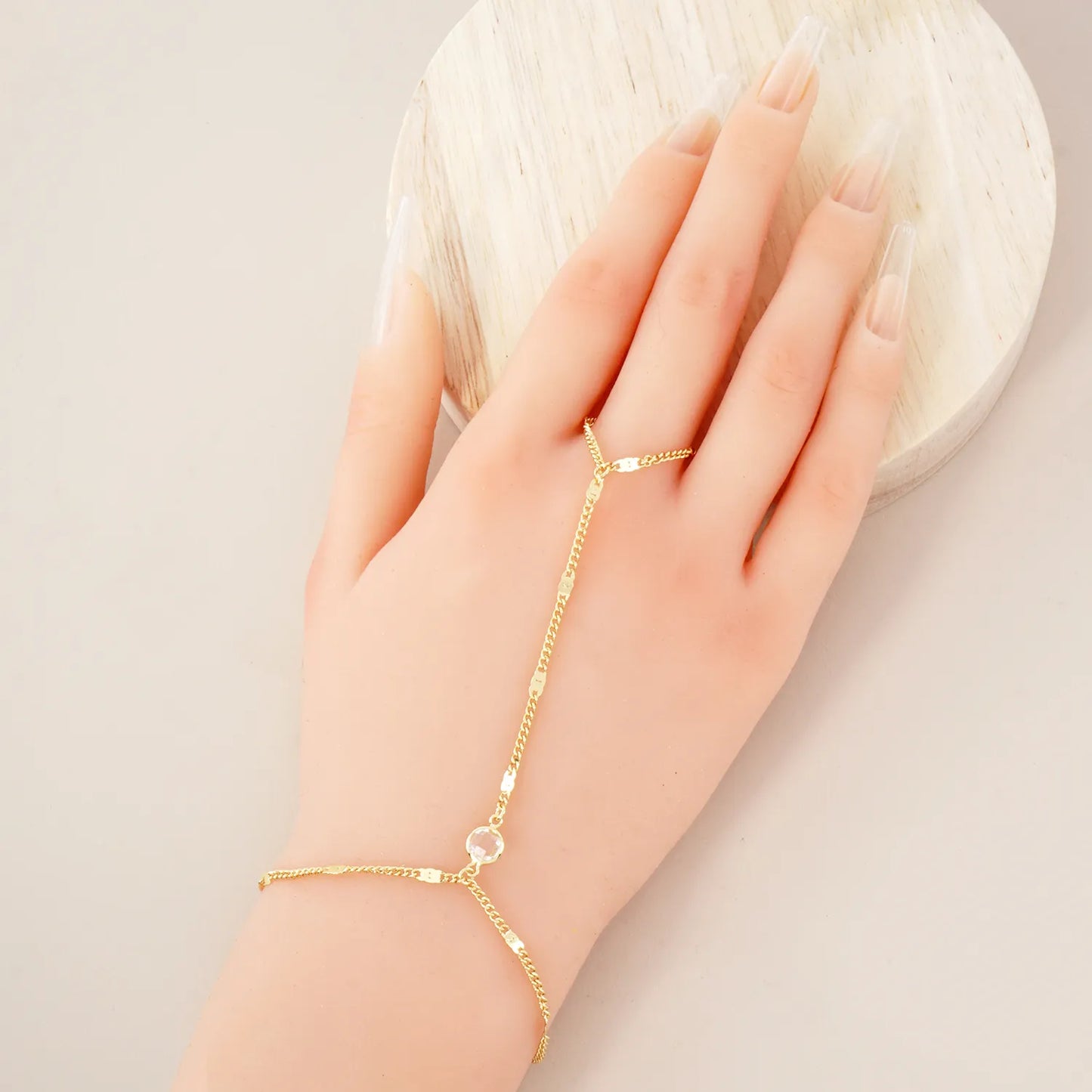 6mm CZ Accent 18K-Gold-Dipped Delicate Flat Curb Chain Brass Hand-Chain Bracelet