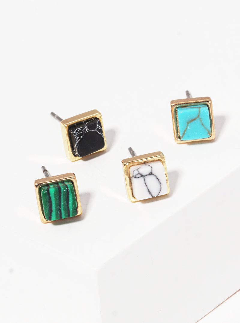 6mm Square Semi-precious Natural Stone Post Stud Earrings