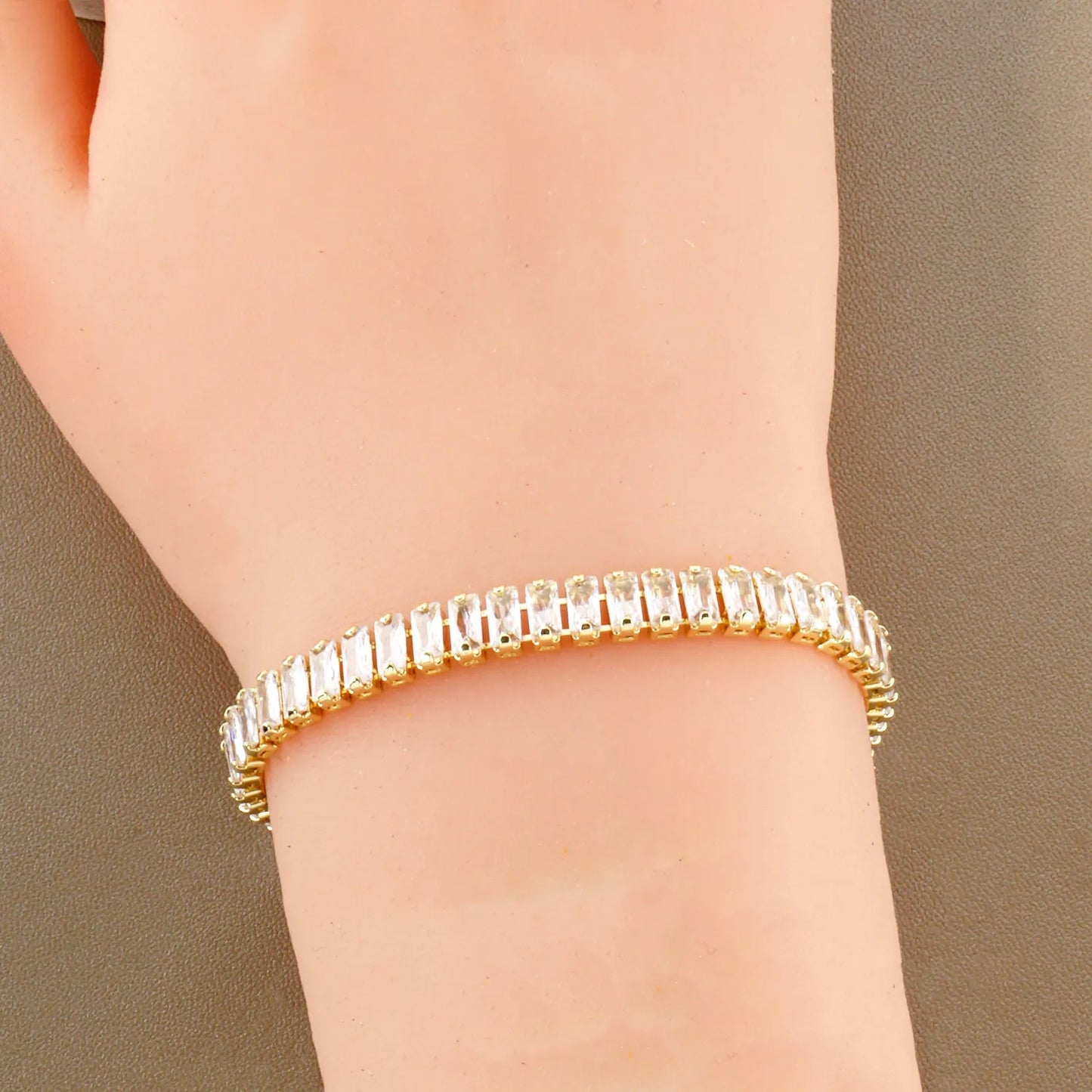 7mm Baguette Pave-Set Cubic-Zirconia 7-Inch Brass Tennis Bracelet