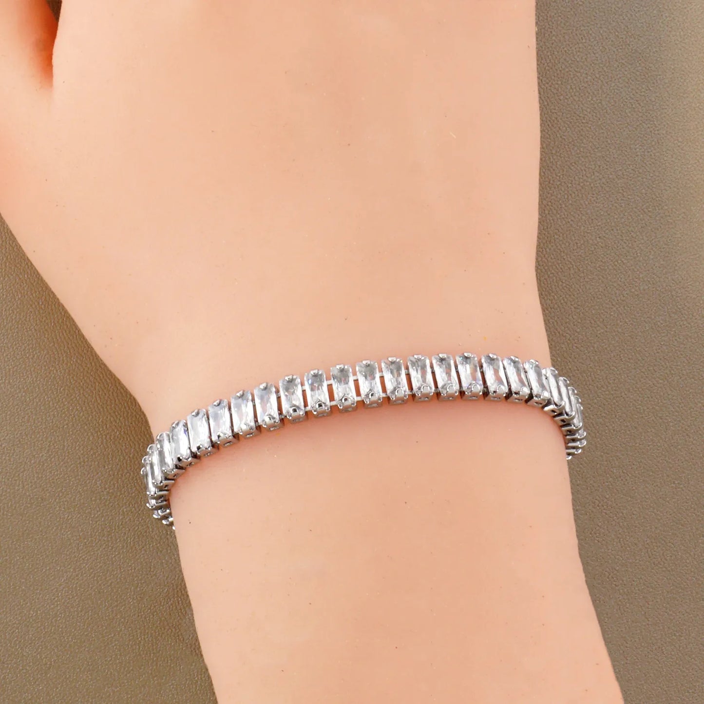7mm Baguette Pave-Set Cubic-Zirconia 7-Inch Brass Tennis Bracelet