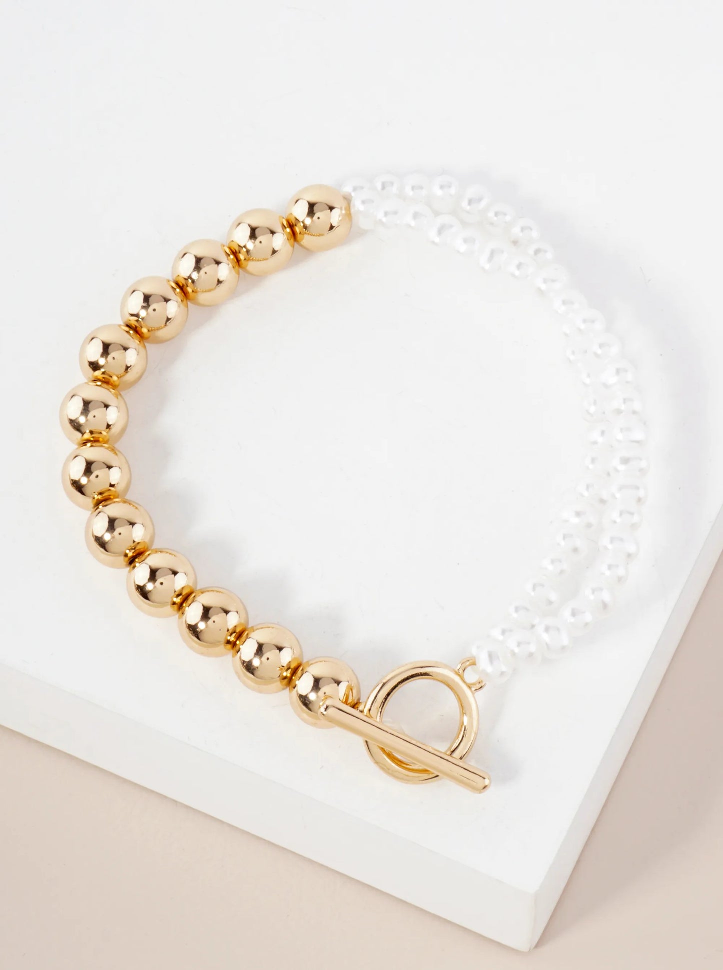 7mm Metallic-Bead 4mm Pearl-Bead Toggle-Closure Stretch Bracelet