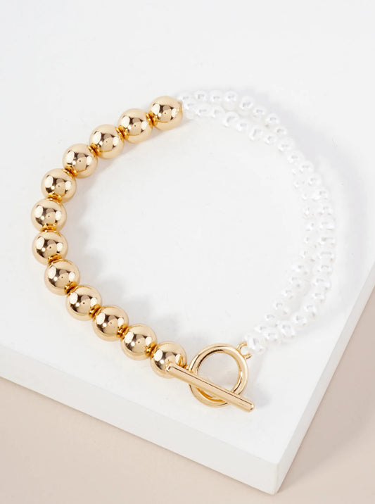 7mm Metallic-Bead 4mm Pearl-Bead Toggle-Closure Stretch Bracelet