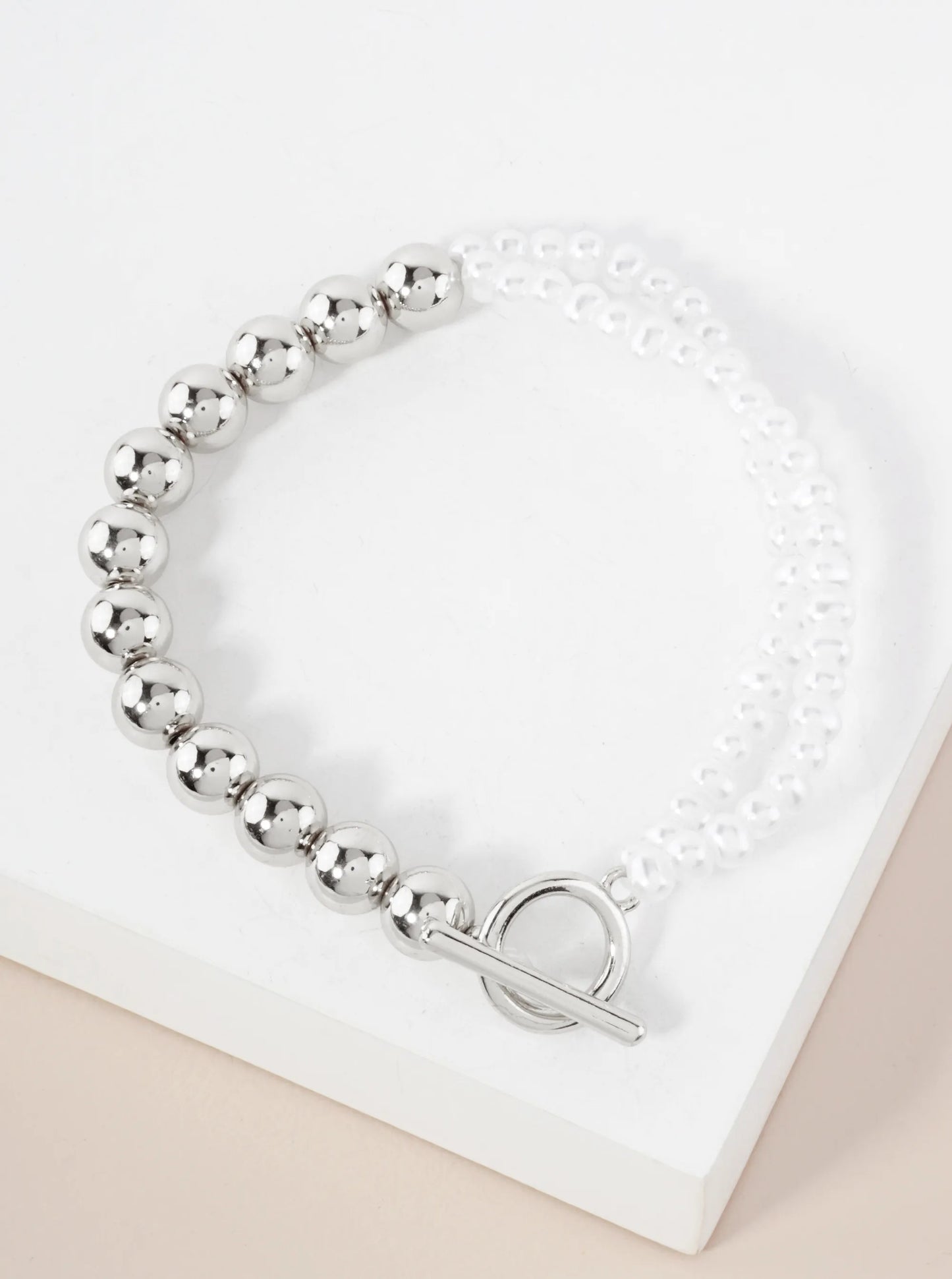 7mm Metallic-Bead 4mm Pearl-Bead Toggle-Closure Stretch Bracelet
