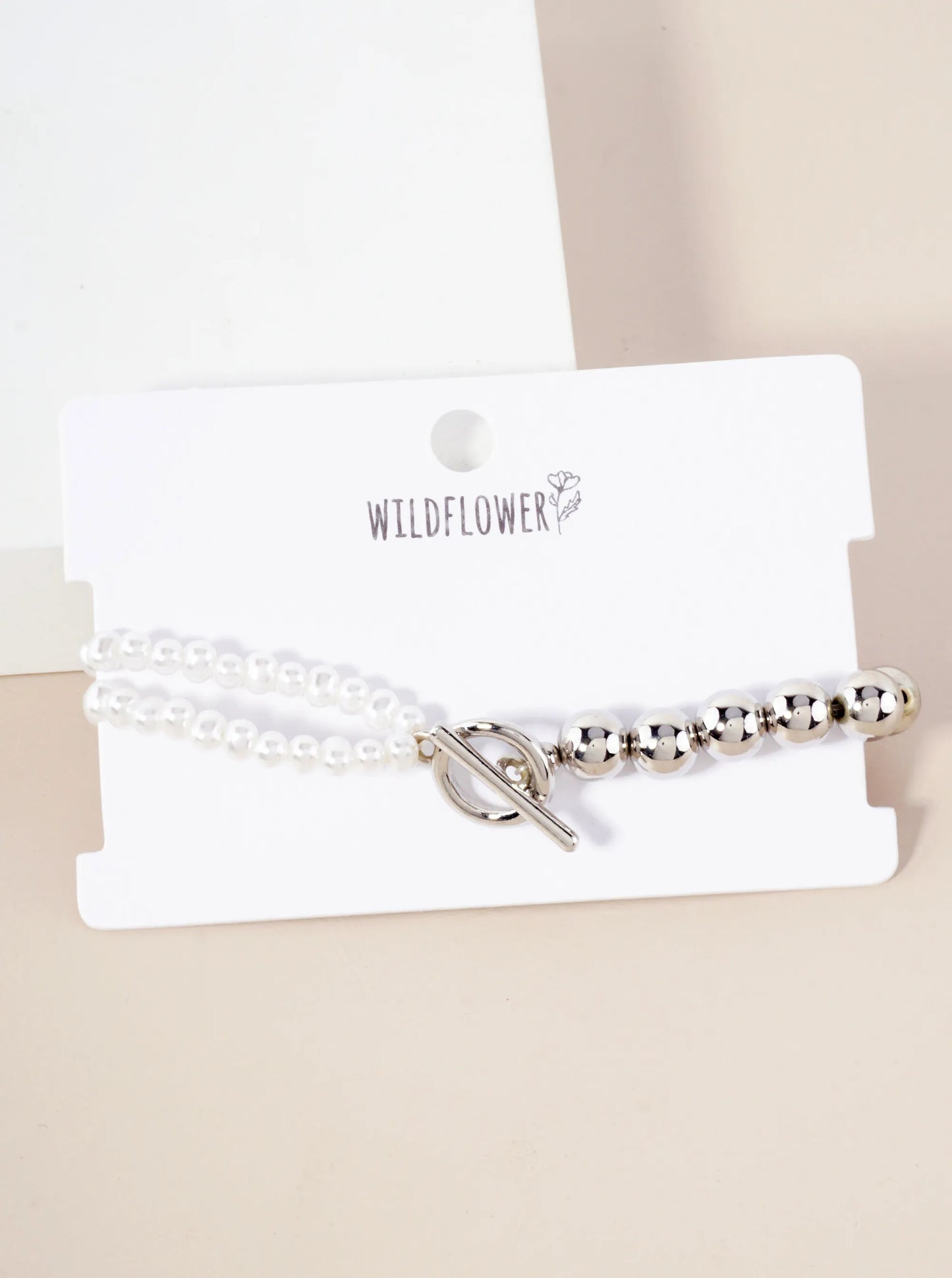 7mm Metallic-Bead 4mm Pearl-Bead Toggle-Closure Stretch Bracelet