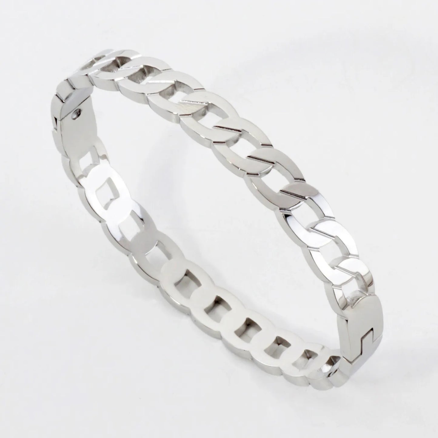 7mm Wide Cuban Link Chain Stainless-Steel Hinged Bangle Bracelet