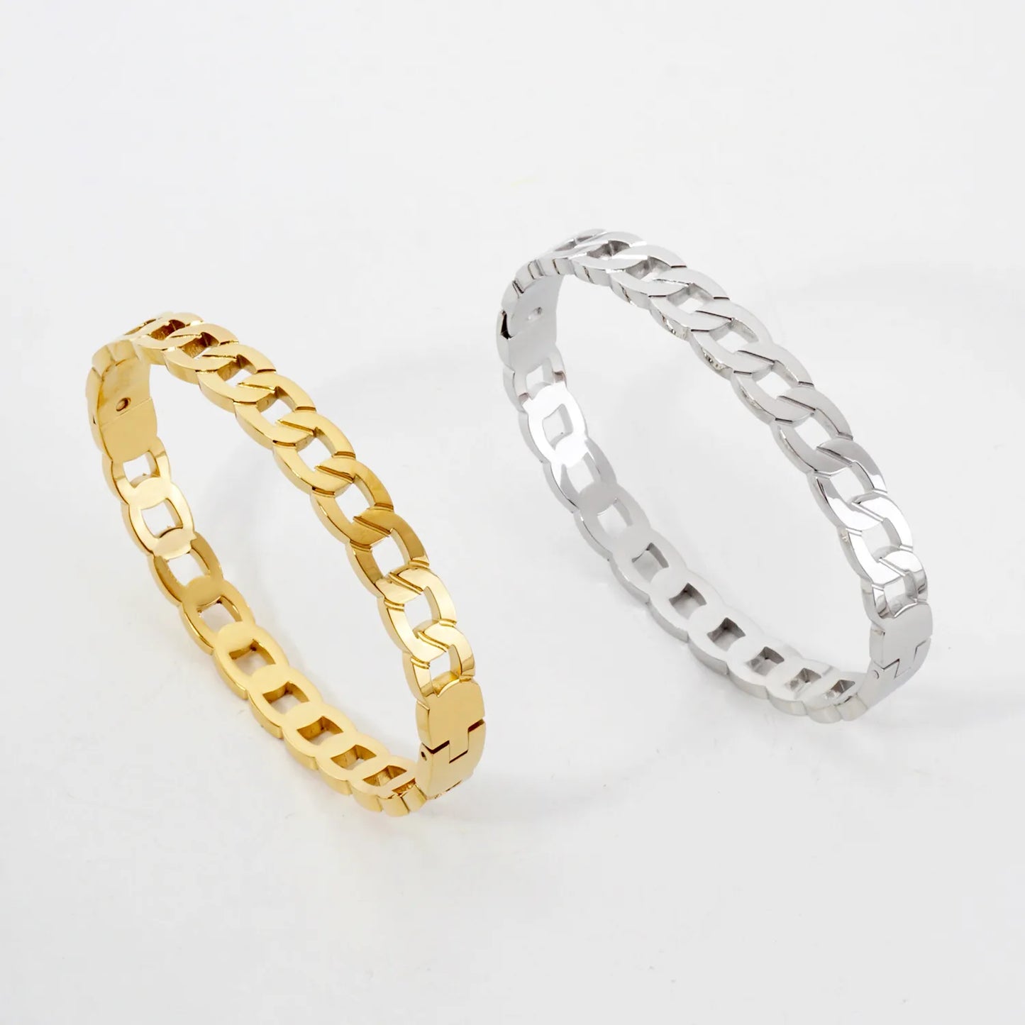 7mm Wide Cuban Link Chain Stainless-Steel Hinged Bangle Bracelet
