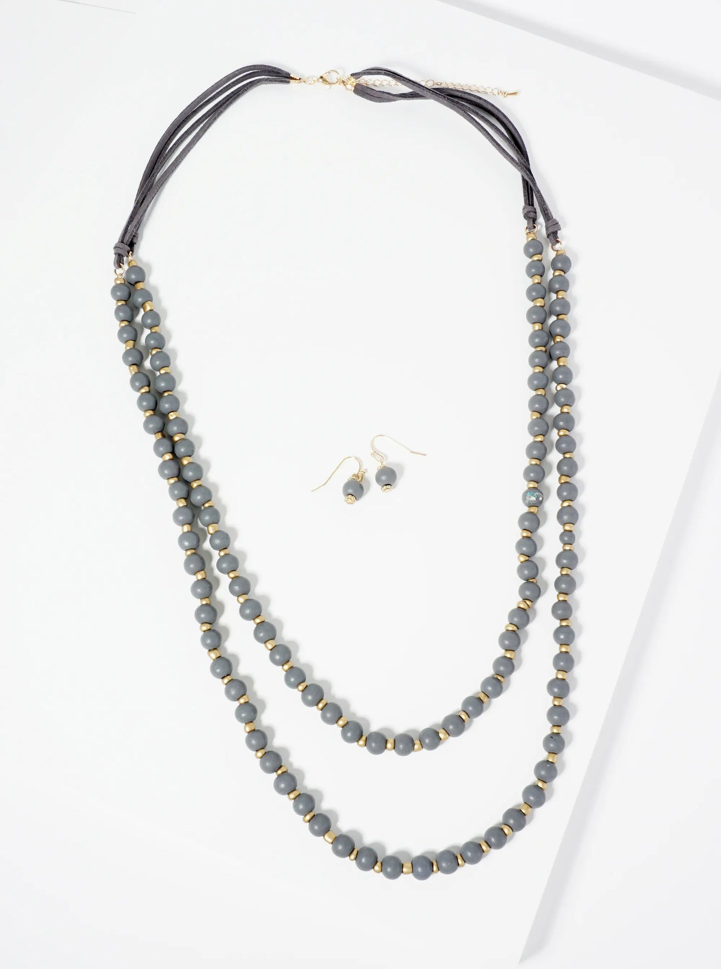 7mm Wood Beaded Layered Long Necklace Set-with-Earrings
