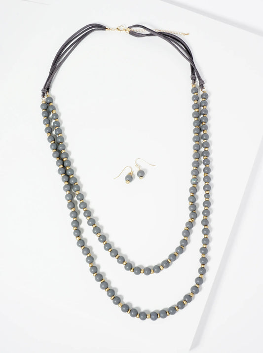 7mm Wood Beaded Layered Long Necklace Set-with-Earrings