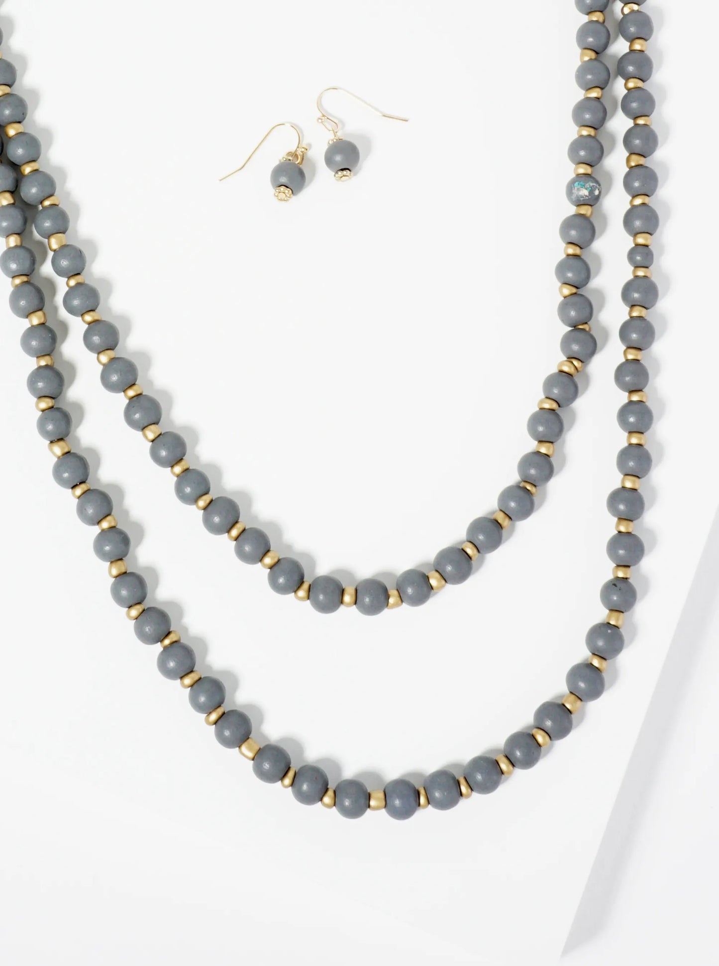 7mm Wood Beaded Layered Long Necklace Set-with-Earrings