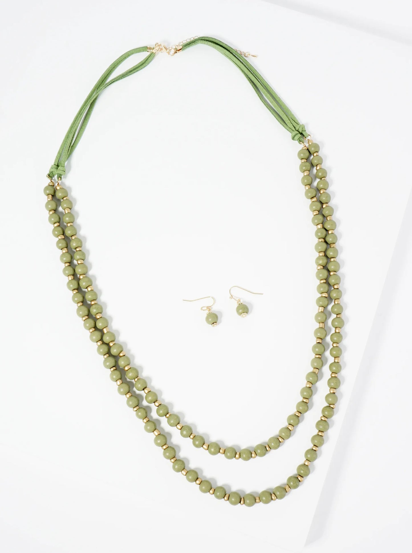 7mm Wood Beaded Layered Long Necklace Set-with-Earrings