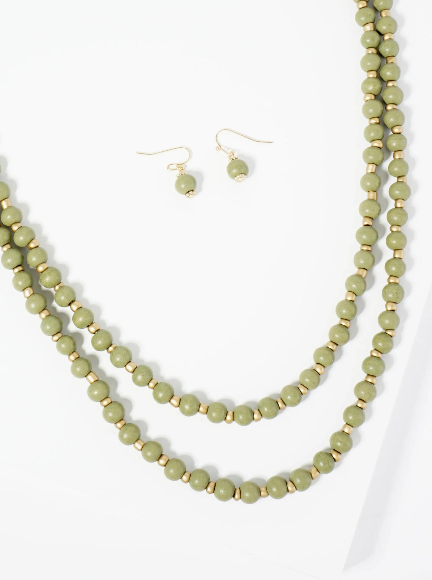 7mm Wood Beaded Layered Long Necklace Set-with-Earrings