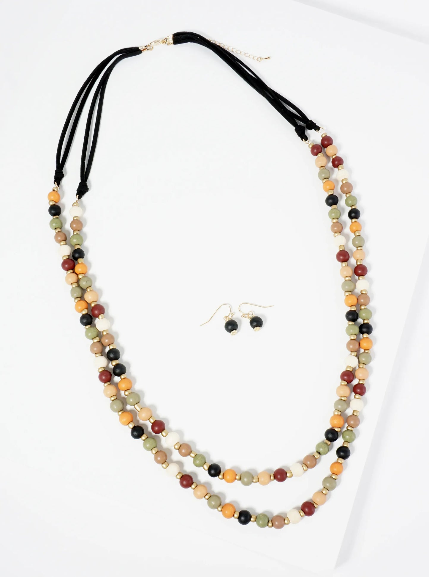 7mm Wood Beaded Layered Long Necklace Set-with-Earrings