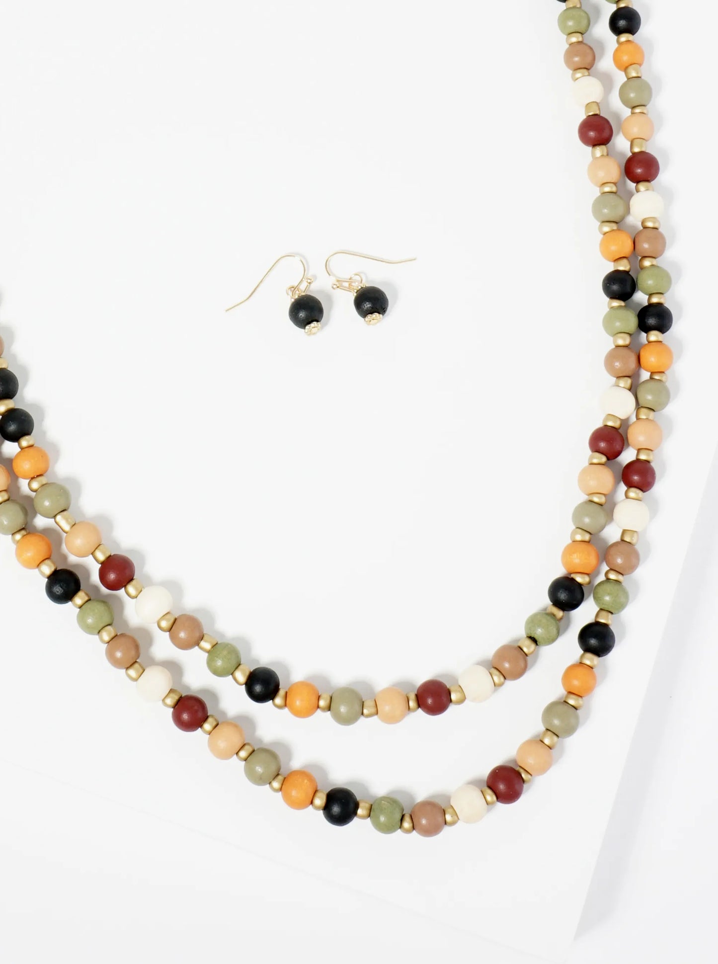 7mm Wood Beaded Layered Long Necklace Set-with-Earrings