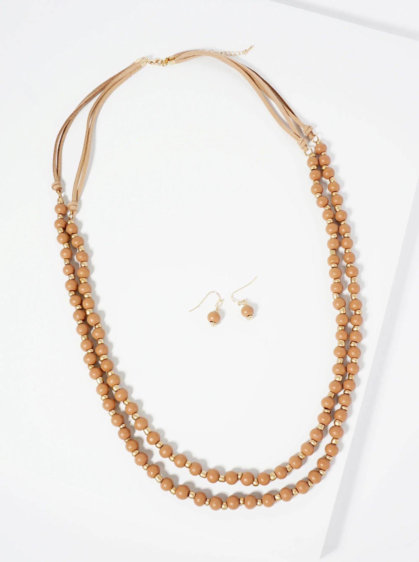 7mm Wood Beaded Layered Long Necklace Set-with-Earrings
