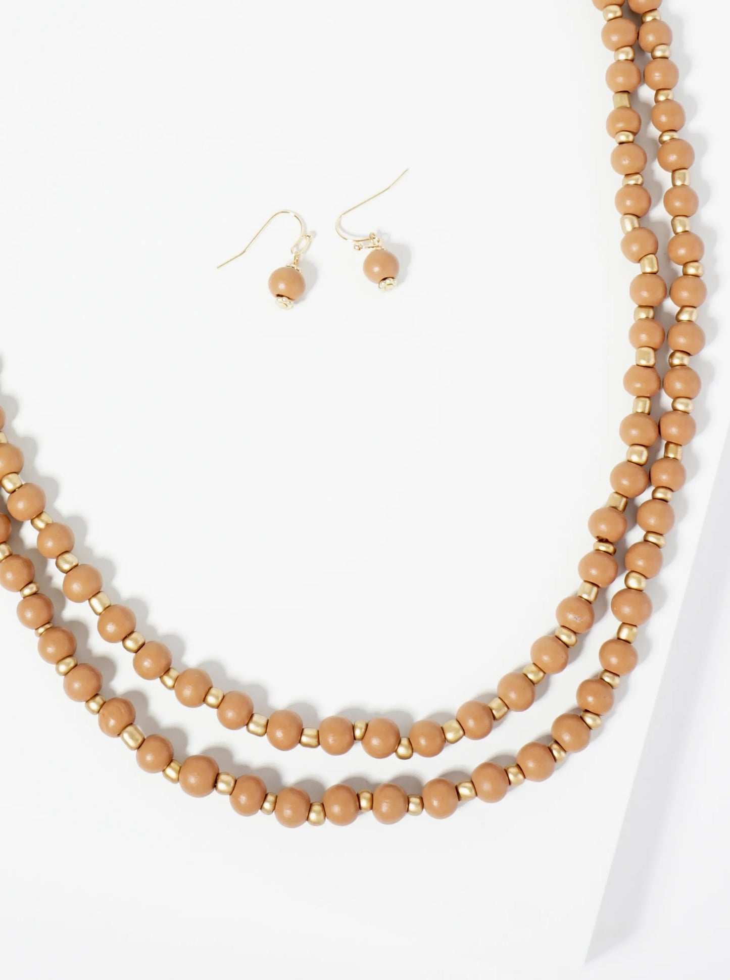 7mm Wood Beaded Layered Long Necklace Set-with-Earrings