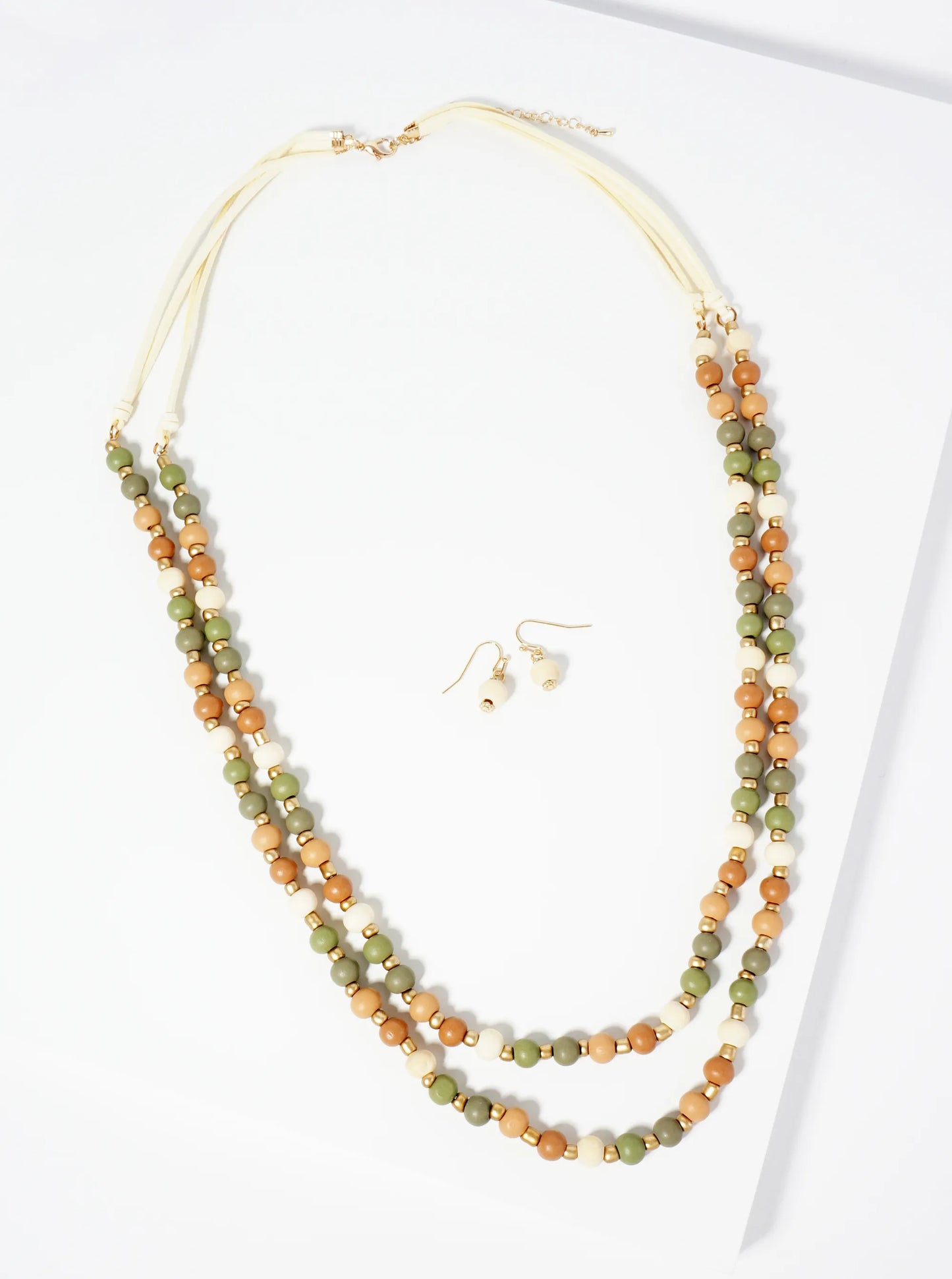 7mm Wood Beaded Layered Long Necklace Set-with-Earrings