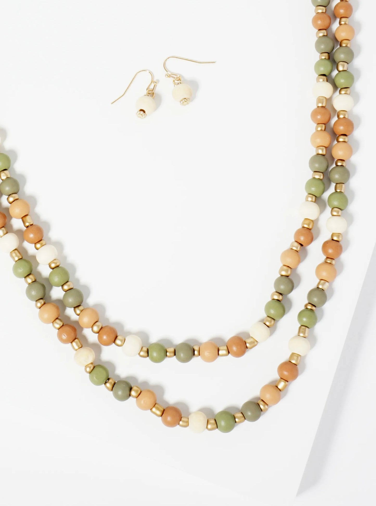7mm Wood Beaded Layered Long Necklace Set-with-Earrings