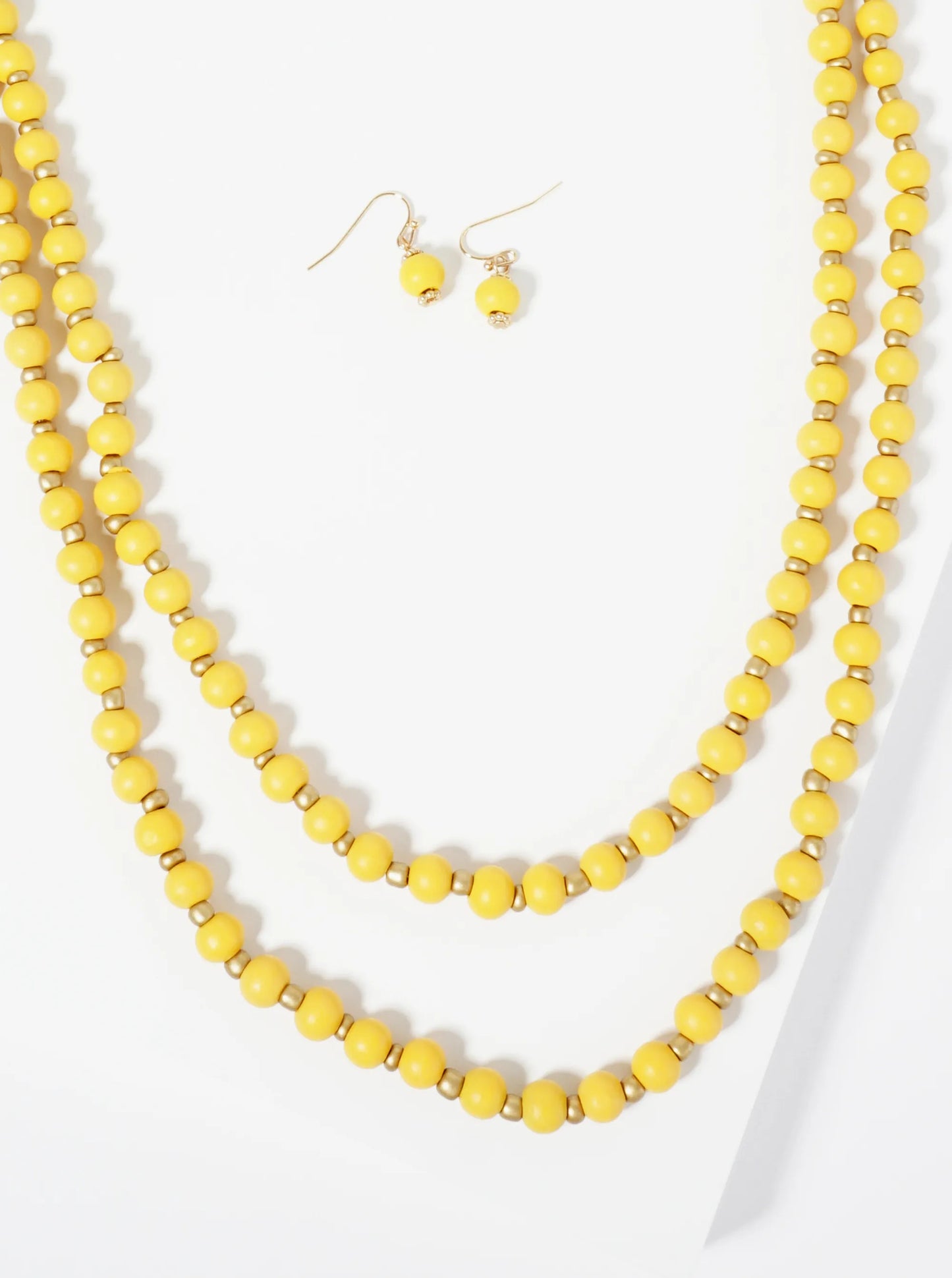 7mm Wood Beaded Layered Long Necklace Set-with-Earrings