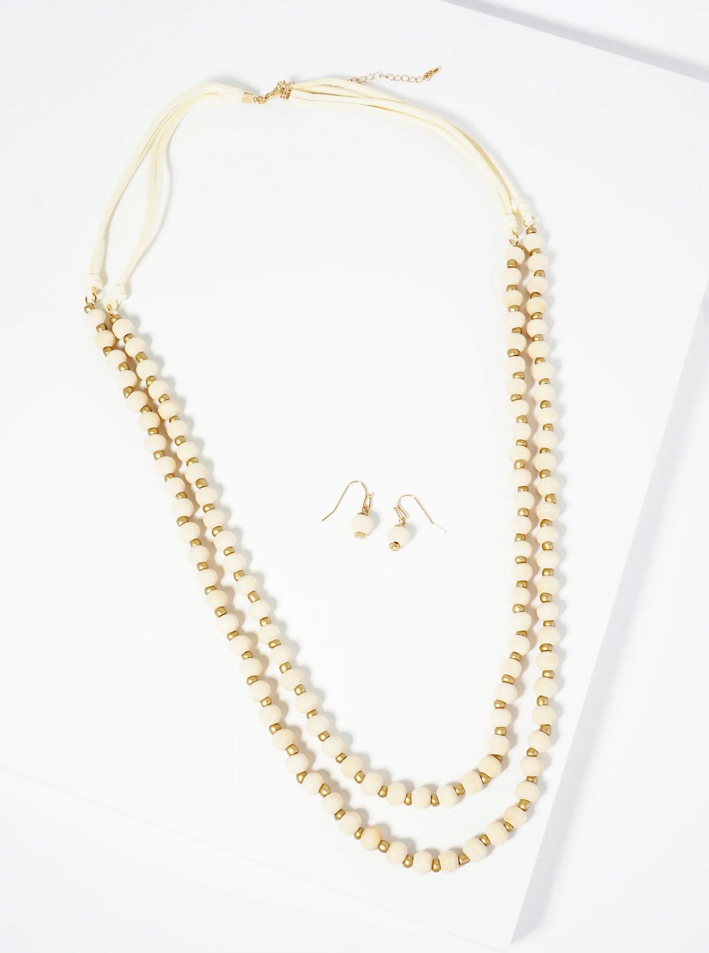 7mm Wood Beaded Layered Long Necklace Set-with-Earrings