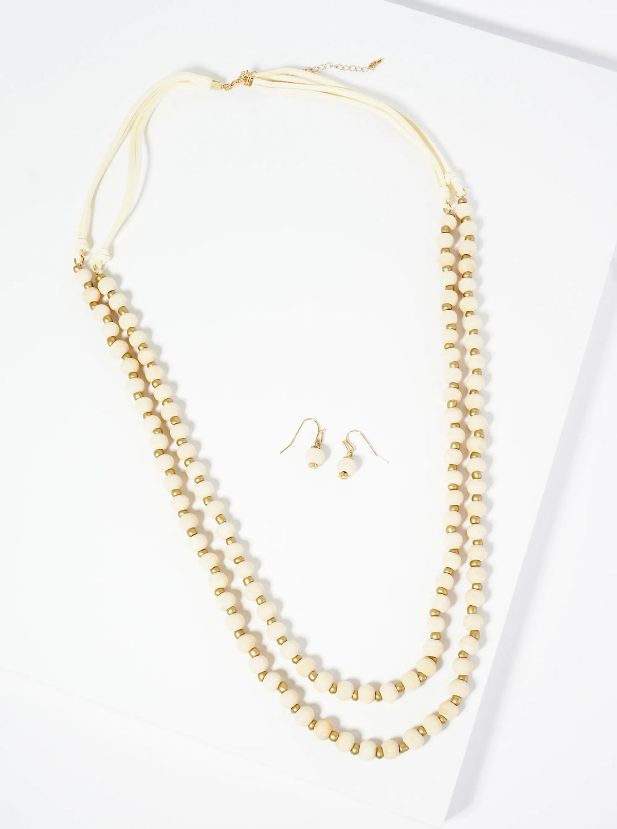 7mm Wood Beaded Layered Long Necklace Set-with-Earrings