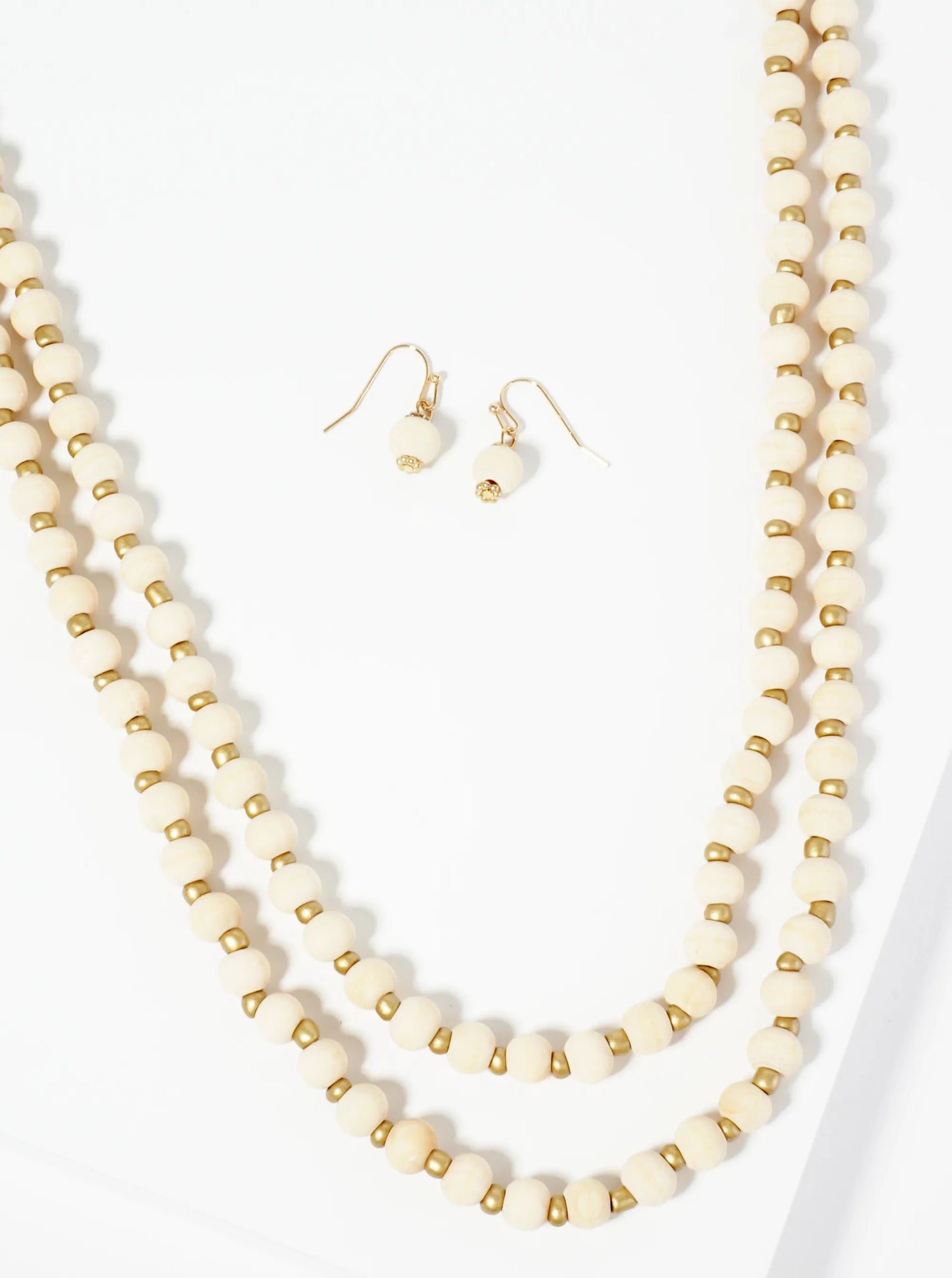 7mm Wood Beaded Layered Long Necklace Set-with-Earrings