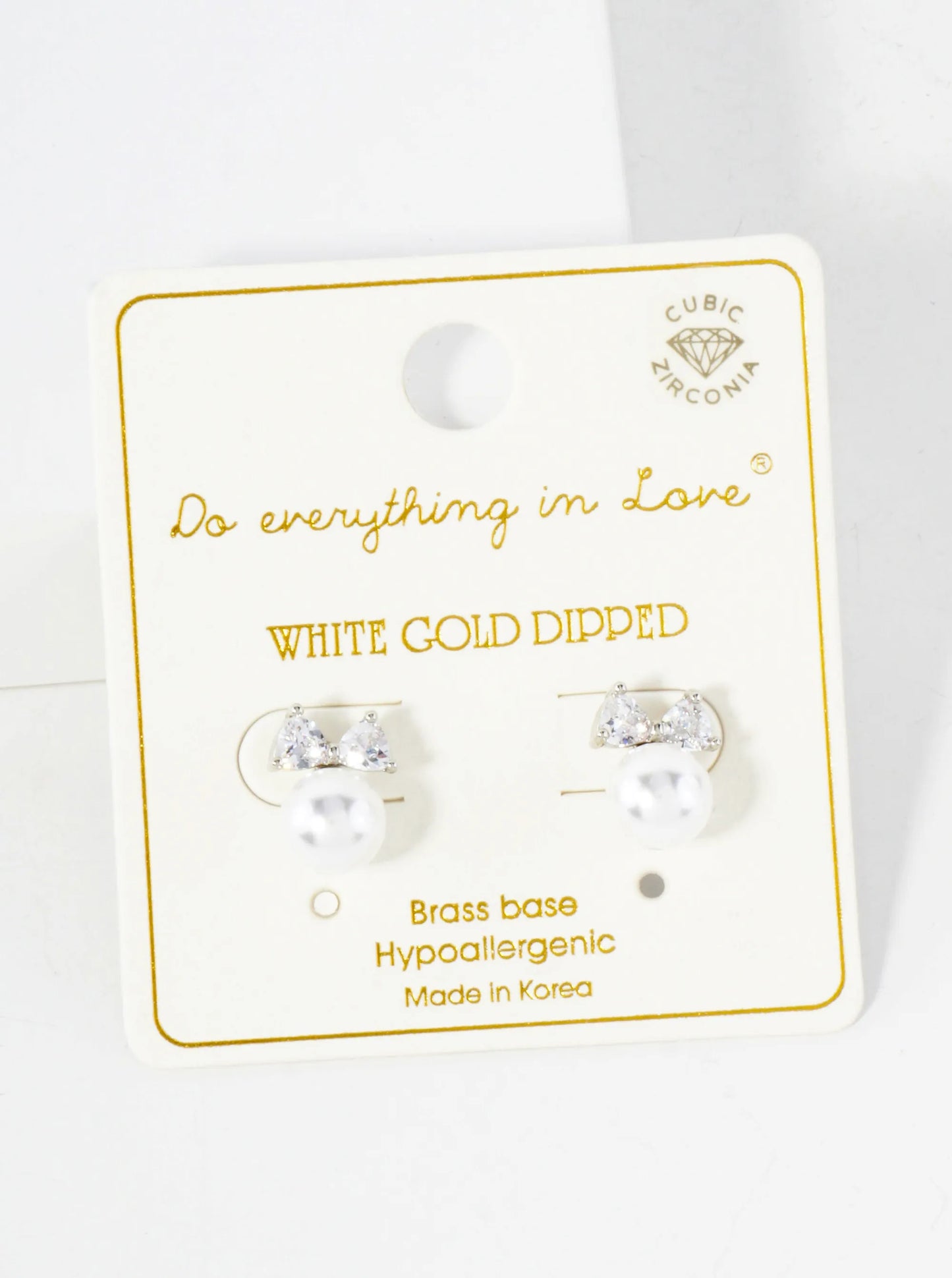 8mm Pearl Drop Cubic-Zirconia Bow 14K-Gold-Dipped Brass Stud Earrings
